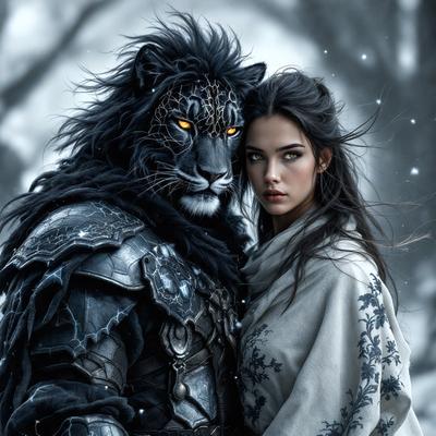 Primary subject: A woman and a lion.

Setting/background: A snowy forest.

Visual style: Digital art.

Colors and mood: The image is in black and white, giving it a classic and timeless feel.